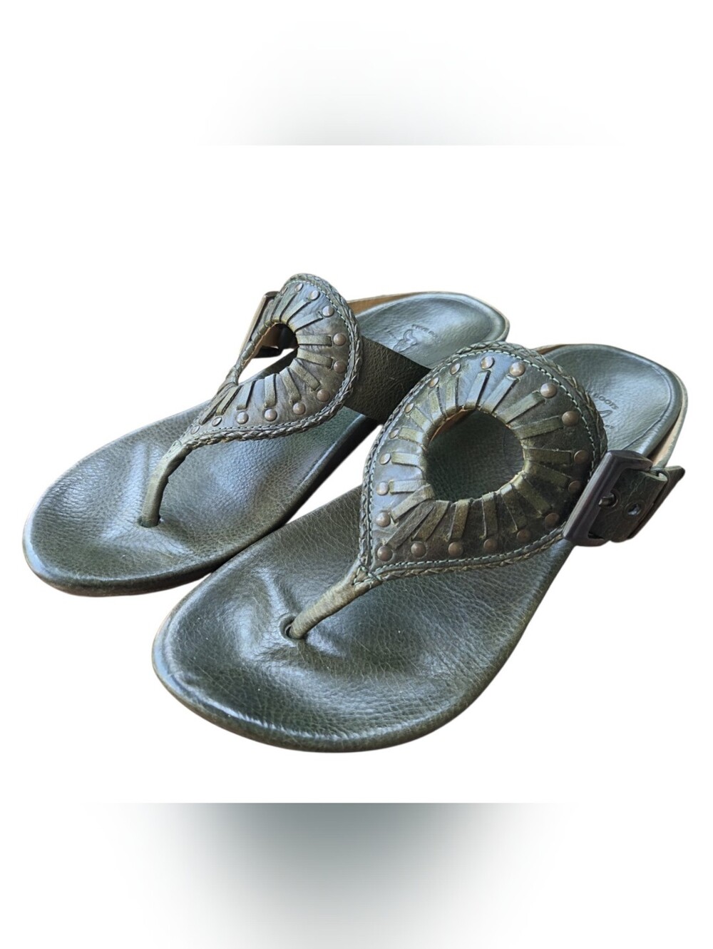 Frye Green Woven Leather Studded Wedge Sandals Thong Mules Size 7.5M